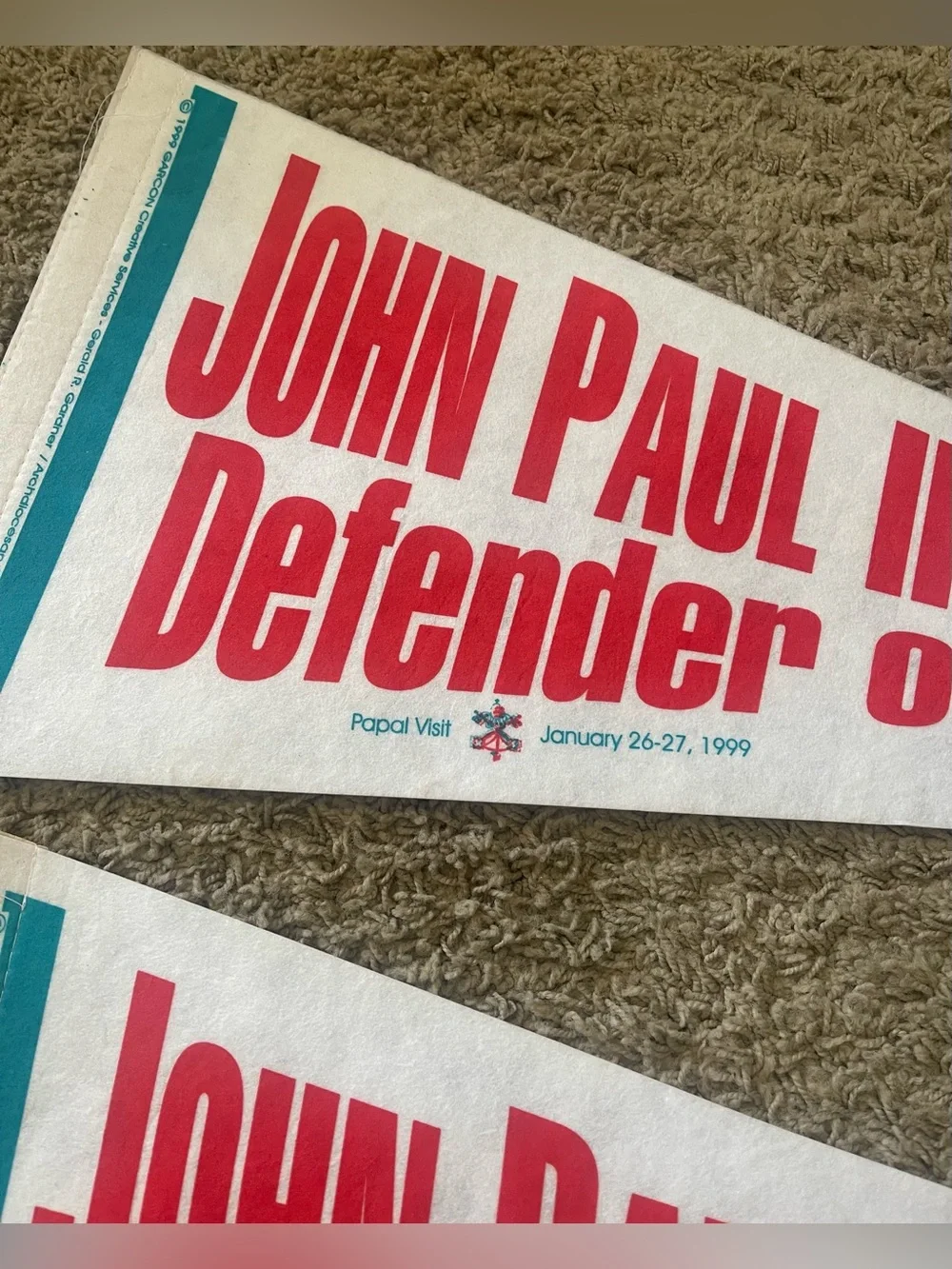 John Paul II Defender of Life 1999 Papal Visit Pennants Set of 2 Vintage